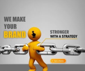 Yellow figure holding a chain link with text ‘We make your brand stronger with a strategy’ – symbolizing SEO, social media marketing, and organized via Google Sheets-style planning.”