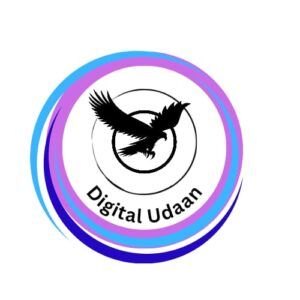 Stylized flying bird inside concentric blue-purple-pink rings with the text “Digital Udaan” below—representing upward growt